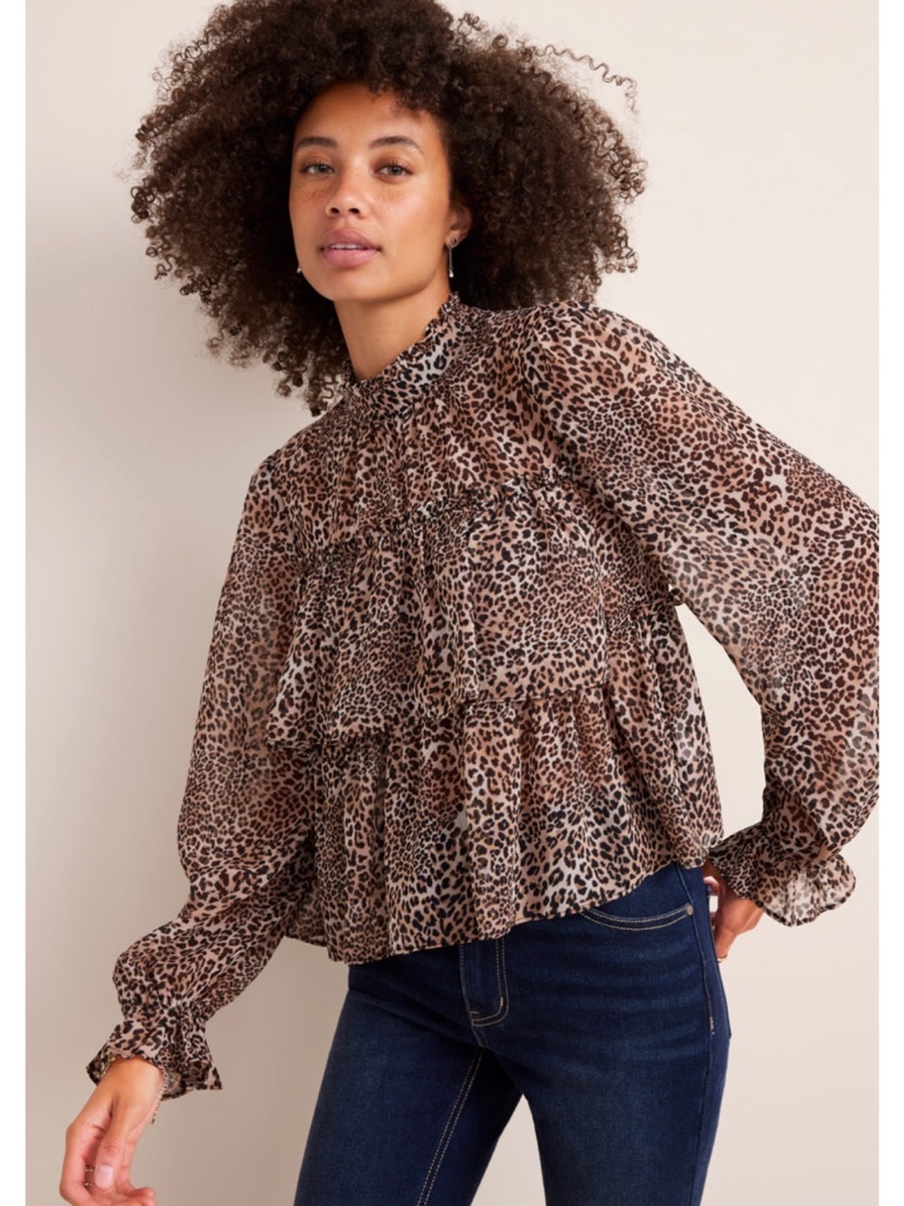 Francesca's Collections Brown Leopard Ruffle High-Neck Blouse